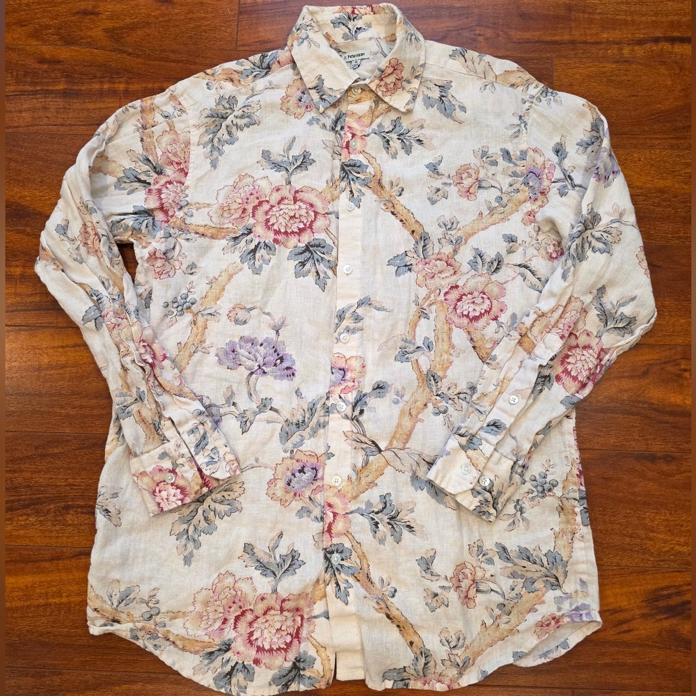 J. Peterman Cream  Floral 100% Linen Shirt Men's Size M Missing One Button